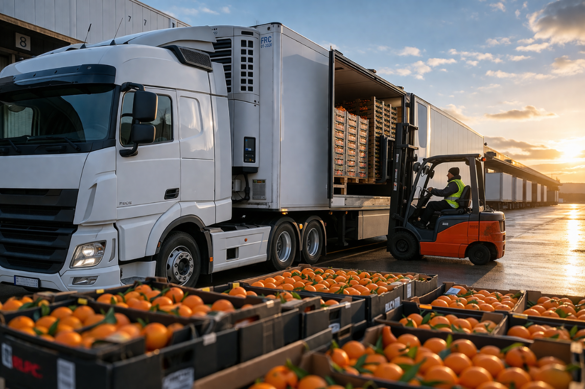 Camión frigorífico cargando naranjas para la exportacion frutas por carretera en una plataforma logística