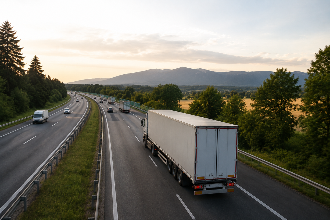Camión circulando por autopista para optimizar rutas en el transporte por carretera y reducir costes logísticos.