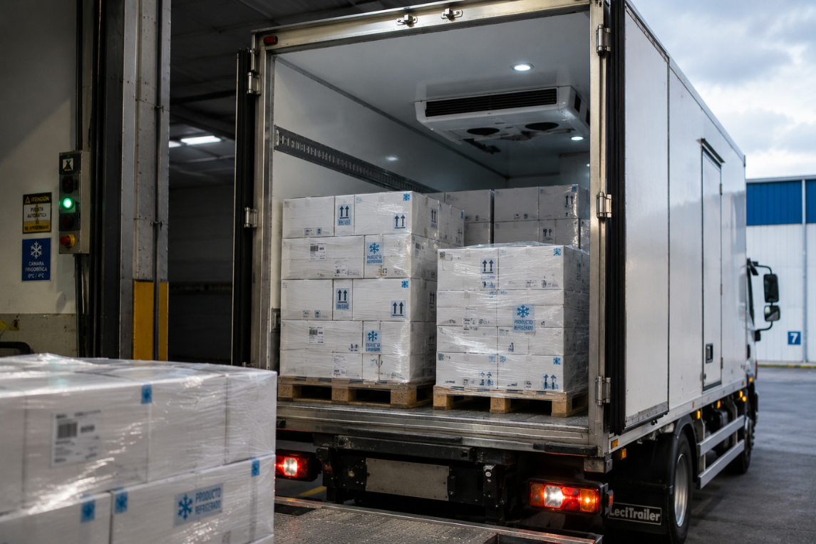Camión frigorífico con palets de alimentos refrigerados para el control de la temperatura durante el transporte de alimentos.